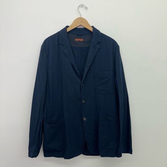 ASPESI Unisex Navy Cotton Seersucker Three Button Blazer Drawstring Short Set - Picture 2 of 14